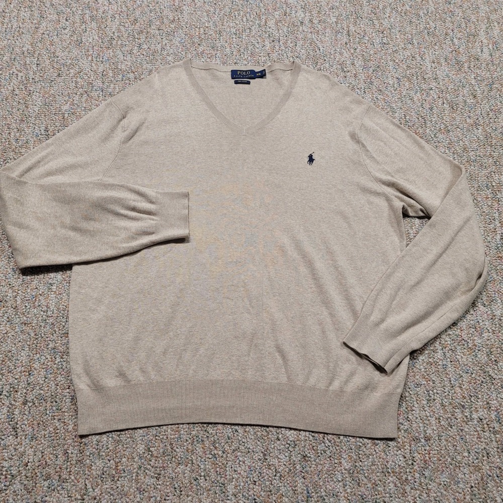 Polo Ralph Lauren Sweater Mens 2XL Beige Pima Cotton V-Neck Pullover Pony XXL